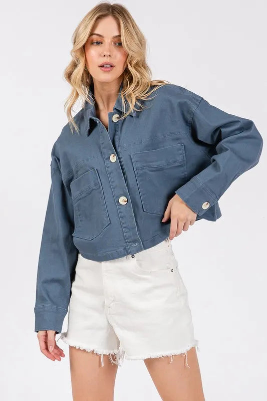 Bytos Button Down Cropped Denim Jacket With Patch Pockets - Love Salve