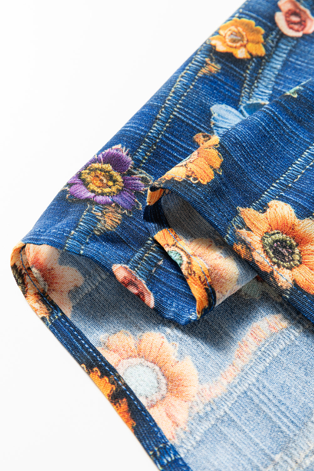 Premium Blue Floral Collared V Neck Roll Up Sleeve Blouse
