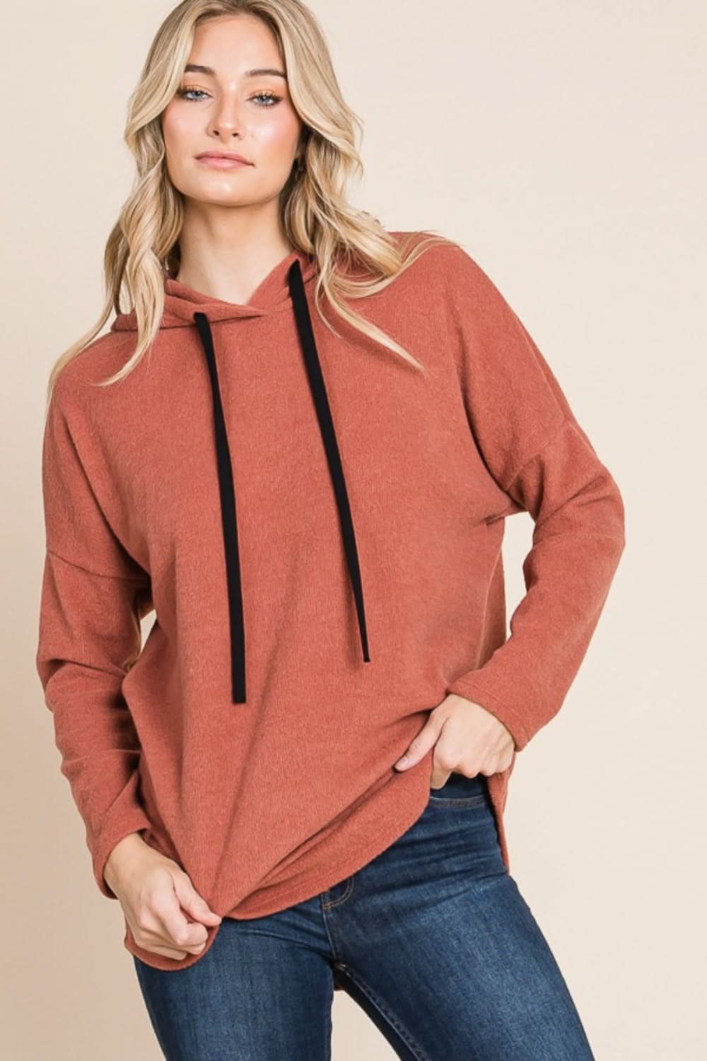 BOMBOM Contrast Drawstring Drop Shoulder Knit Hoodie - Love Salve