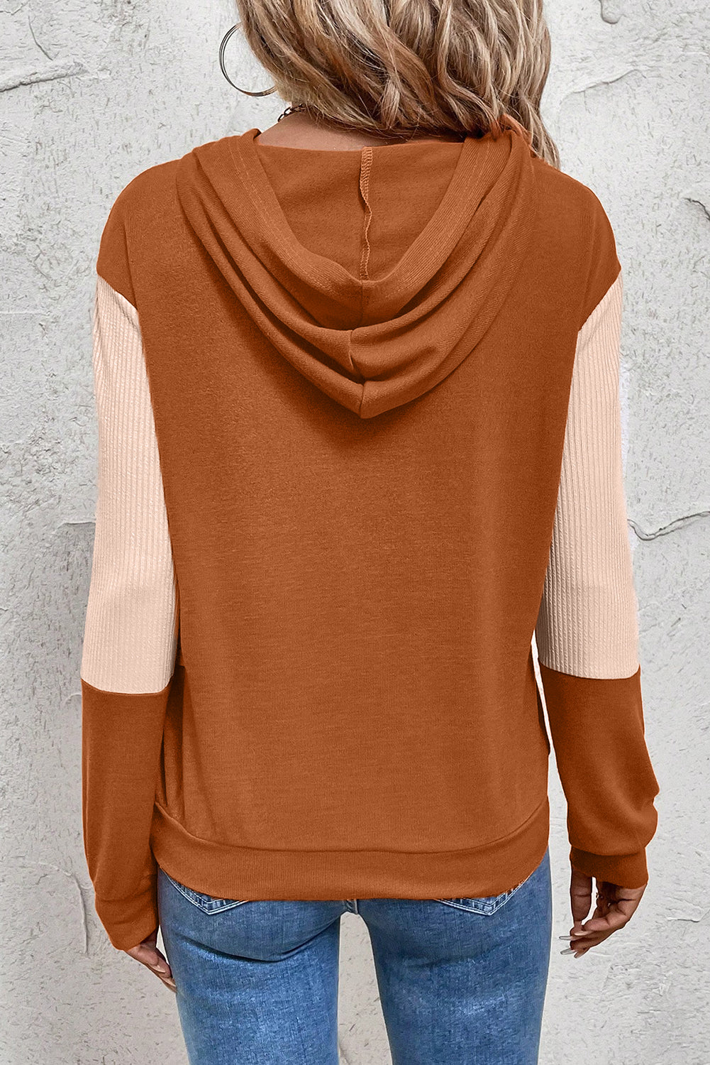 Gold Flame Contrast Ribbed Patchwork Crossed Hoodie