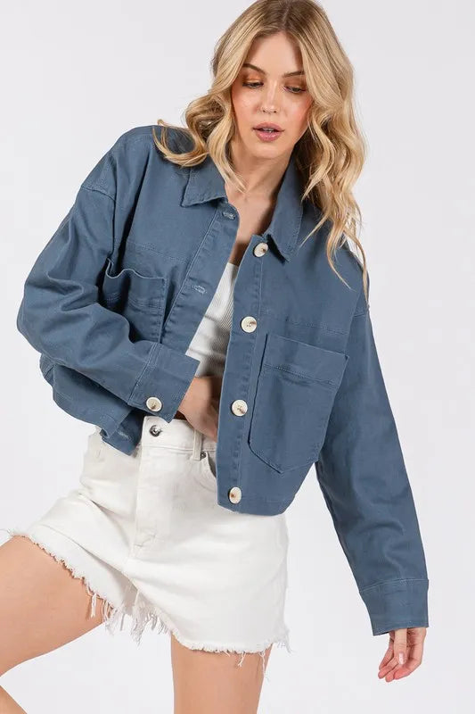 Bytos Button Down Cropped Denim Jacket With Patch Pockets - Love Salve