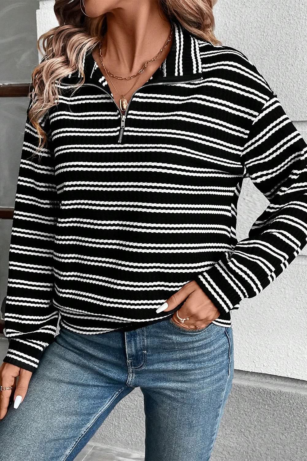Black Stripe Textured Quarter Zip Collar Long Sleeve Top - Love Salve