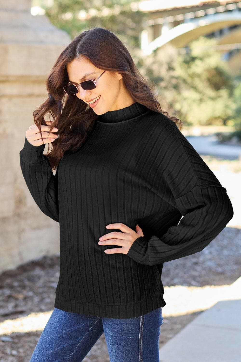 Chic ribbed mock neck top – exposed seams - Love Salve