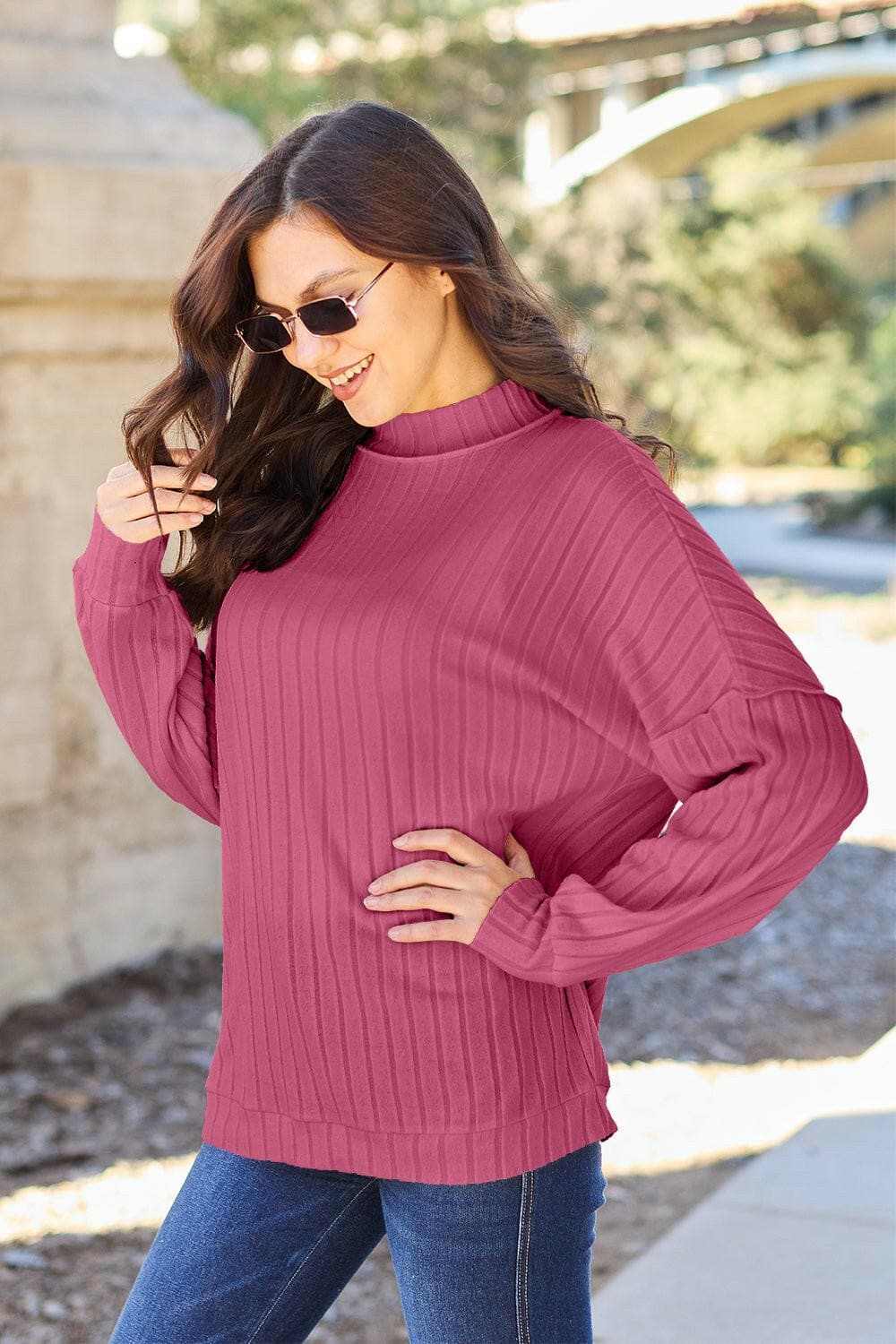Chic ribbed mock neck top – exposed seams - Love Salve