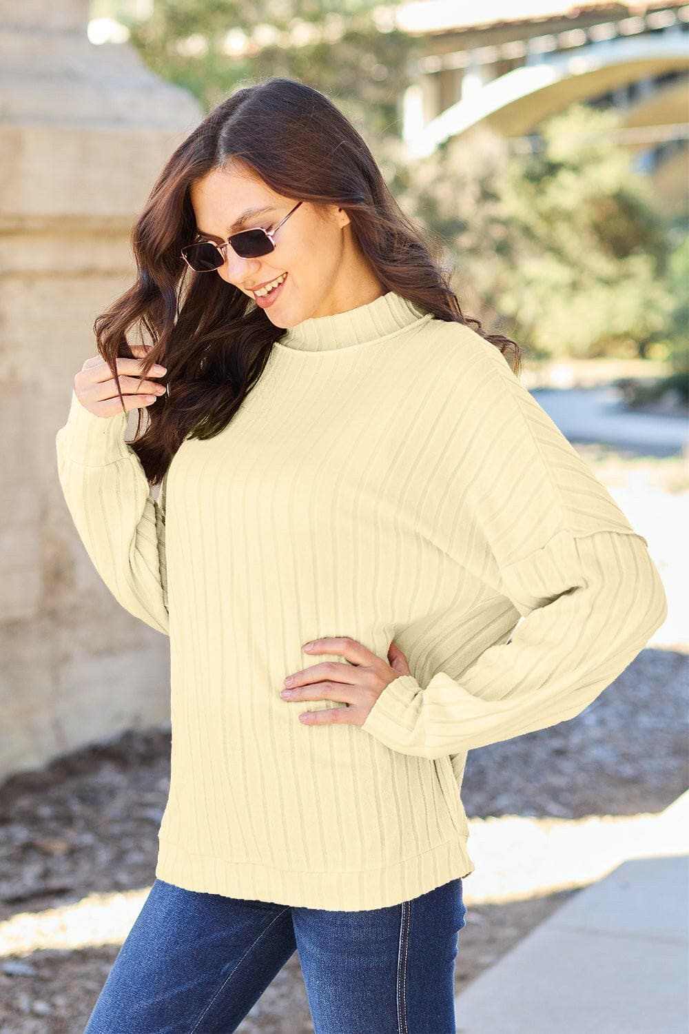 Chic ribbed mock neck top – exposed seams - Love Salve