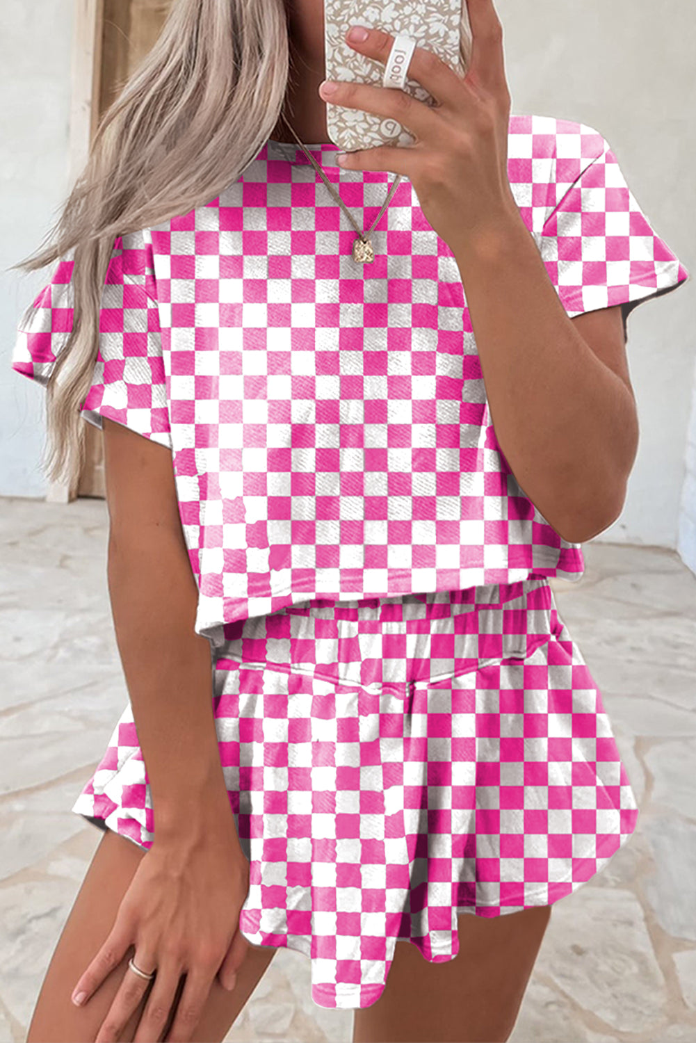 Pink Checkerboard T Shirt and High Waist Skorts Outfit