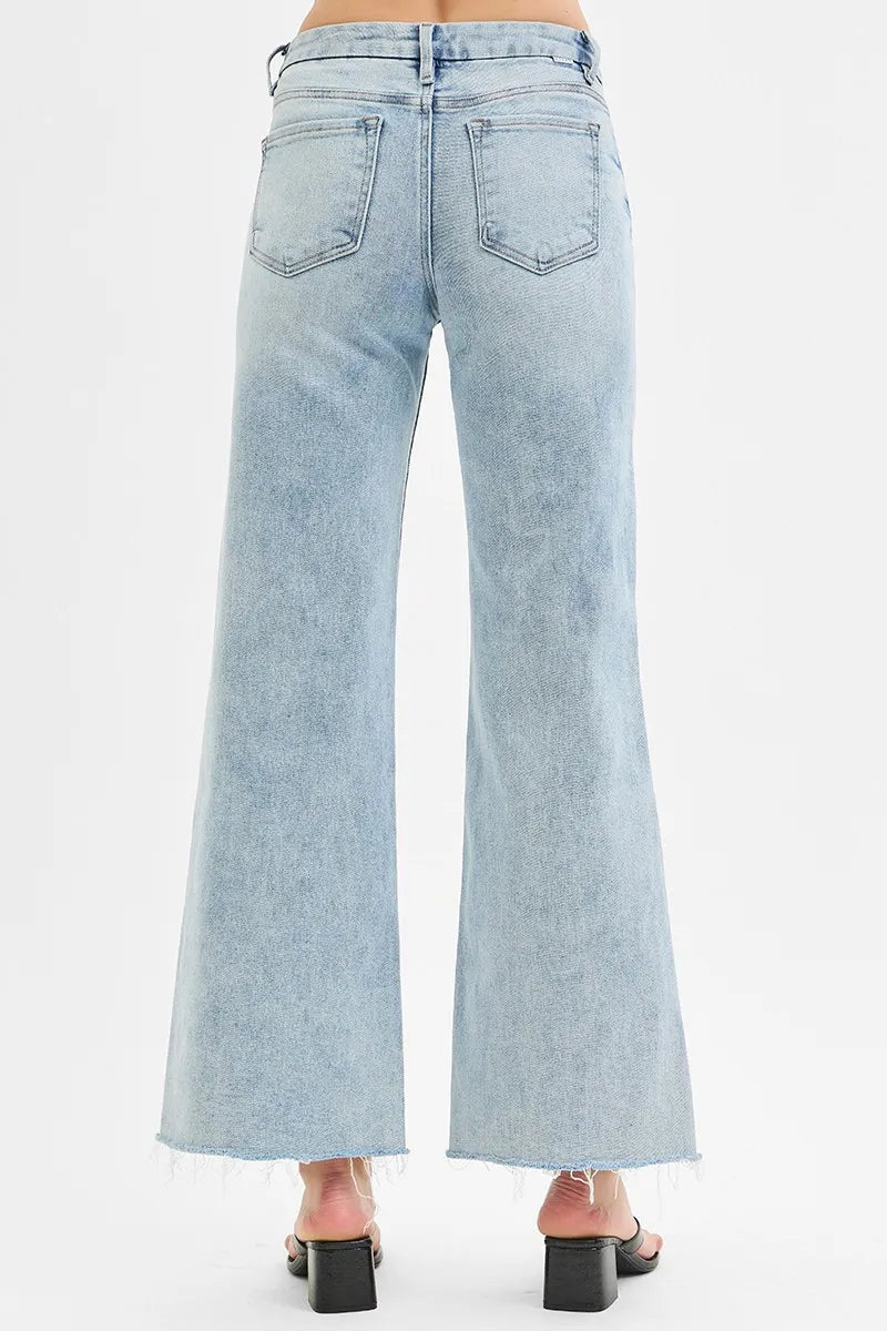 Risen Full Size Tummy Control Low Rise Wide Leg Raw Cut Hem Jeans Plus Size - Love Salve