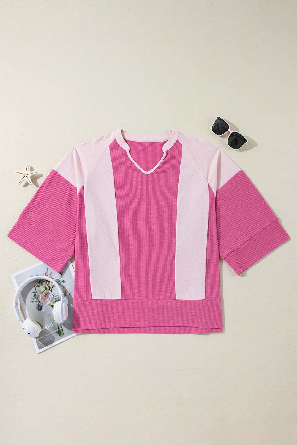 Bright Pink Textured Colorblock 3/4 Sleeve Oversize Top - Love Salve