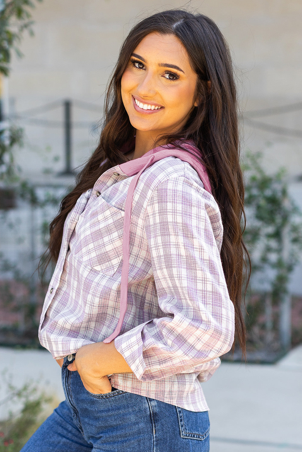 Ariella Checkered Loose Fit Buttoned Hooded Shacket - Love Salve