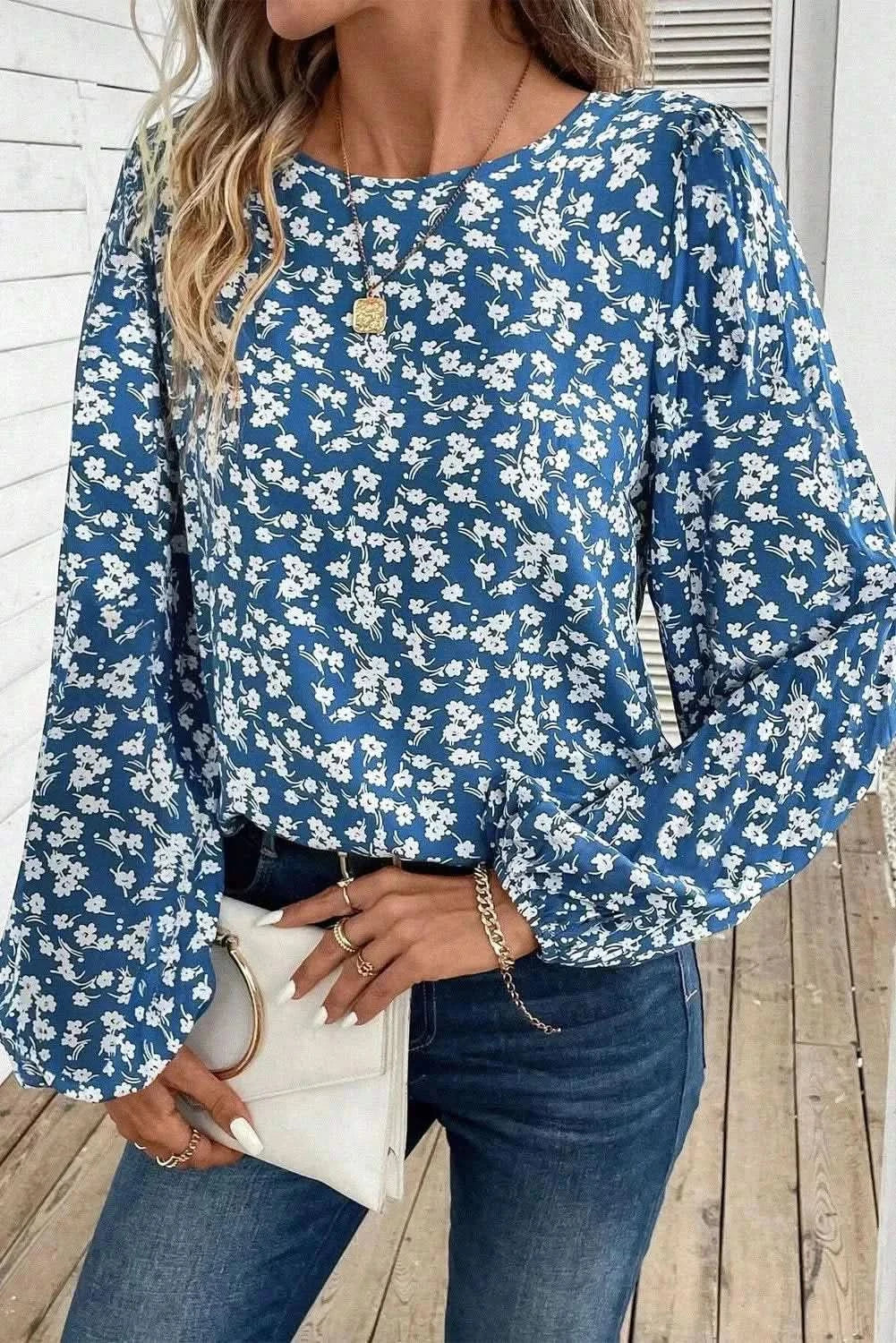 Printed Round Neck Balloon Sleeve Blouse - Love Salve