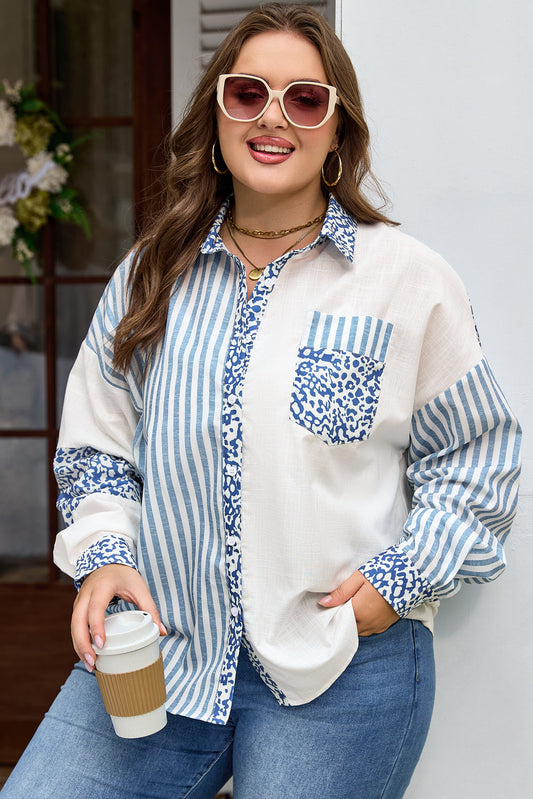 Sky Blue Leopard Patchwork Striped Casual Plus Shirt Dear-Lover Dropshipping