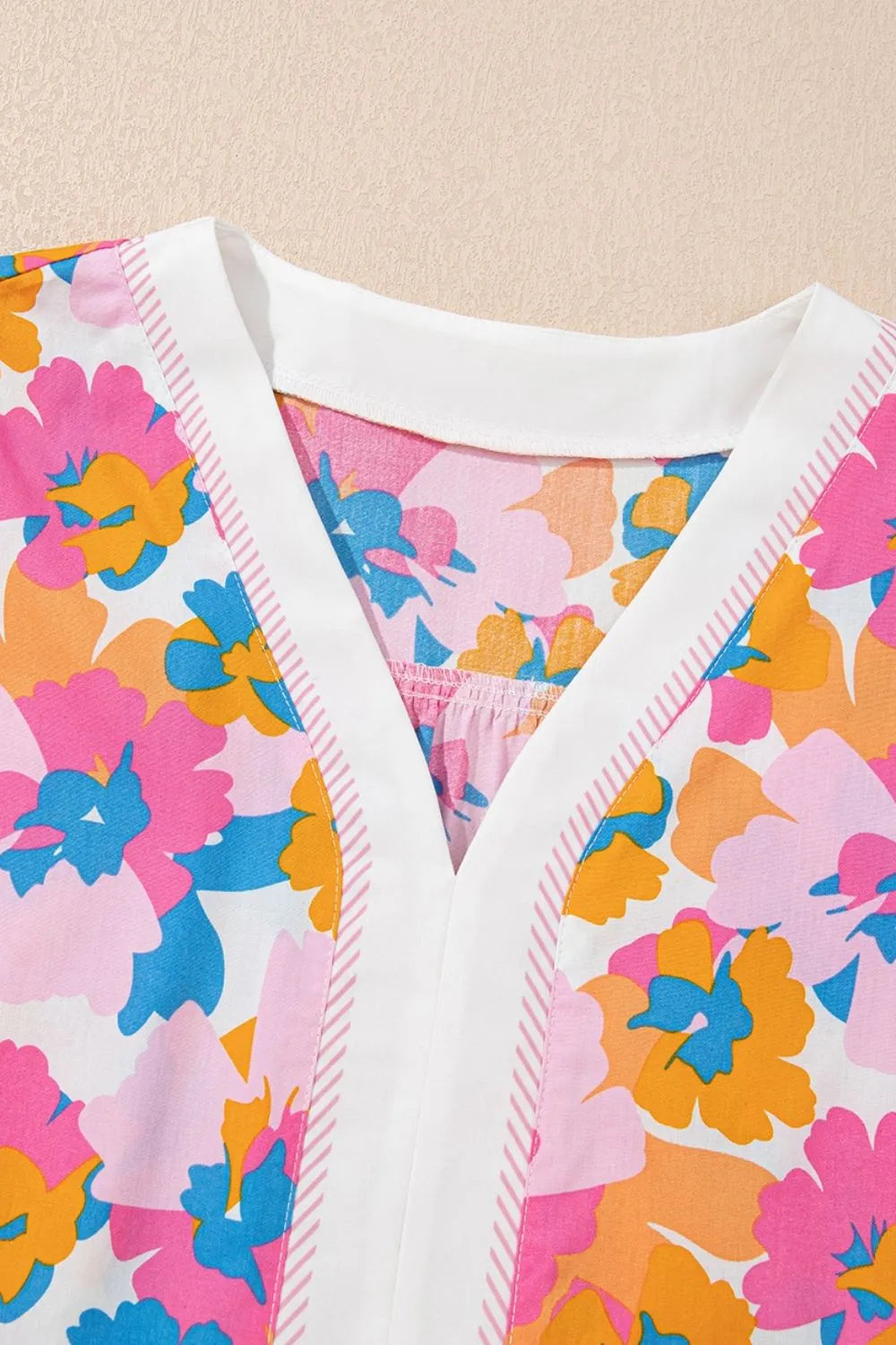 Floral Striped Edge V Neck Knotted Short Sleeve Blouse