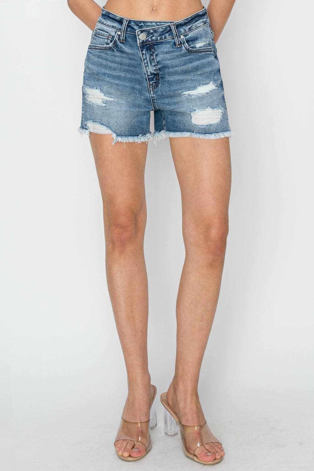 Risen frayed denim shorts, stepped waist - Love Salve