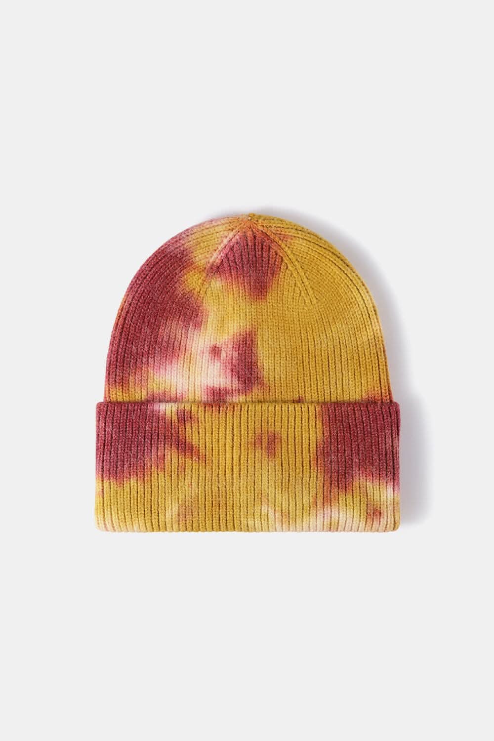 Colorful tie-dye beanie hat, flat lay style, made of viscose, polyester, and nylon.