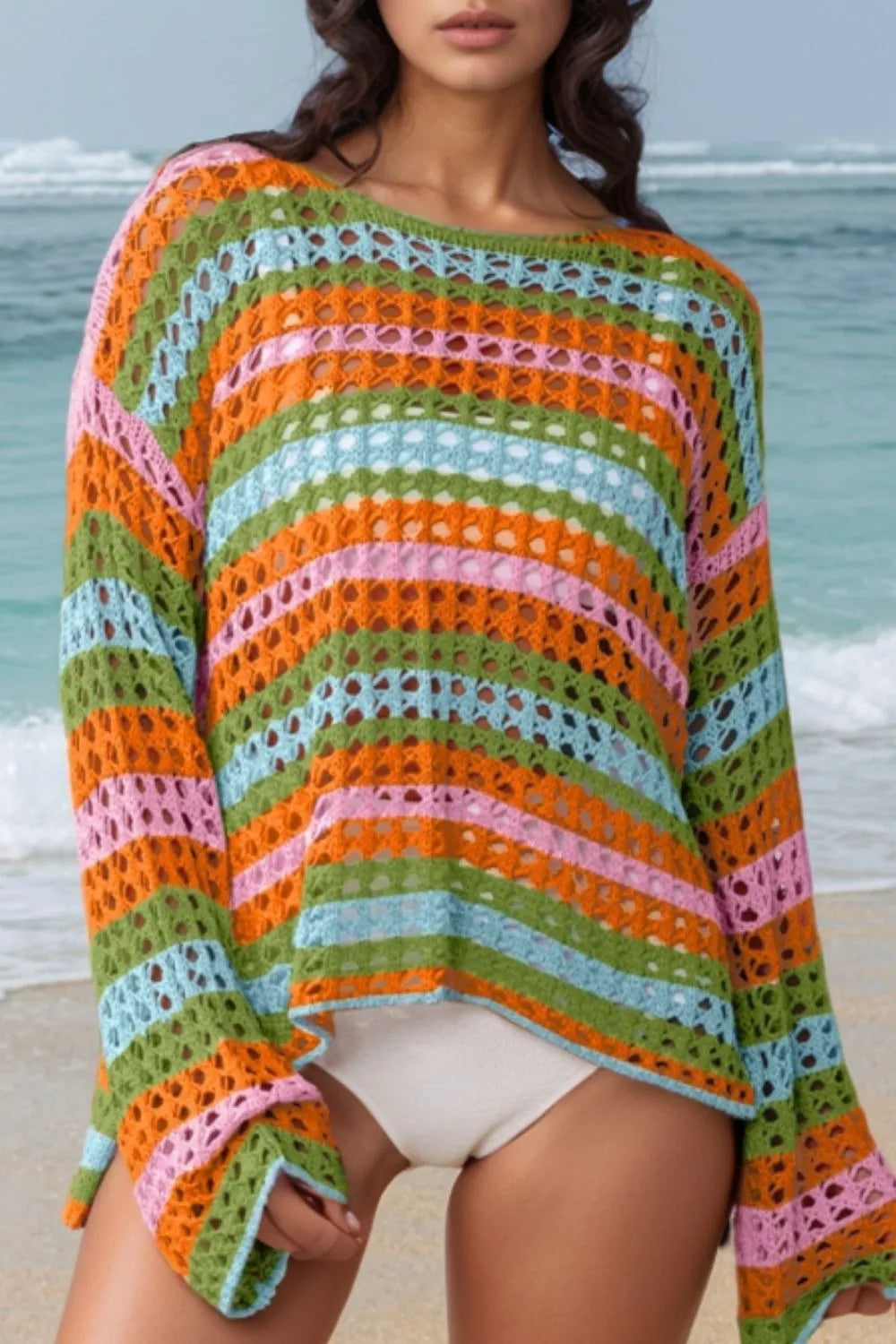 Openwork Round Neck Long Sleeve Knit Cover Up