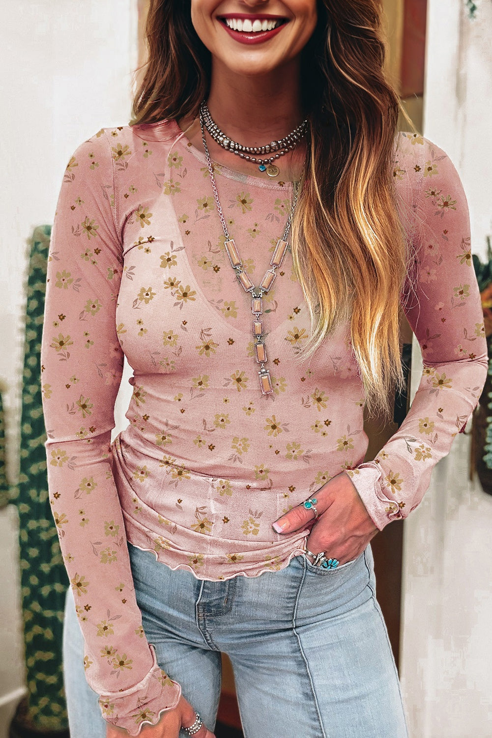 Premium Pink Vintage Floral Mesh Long Sleeve Top Southern Style