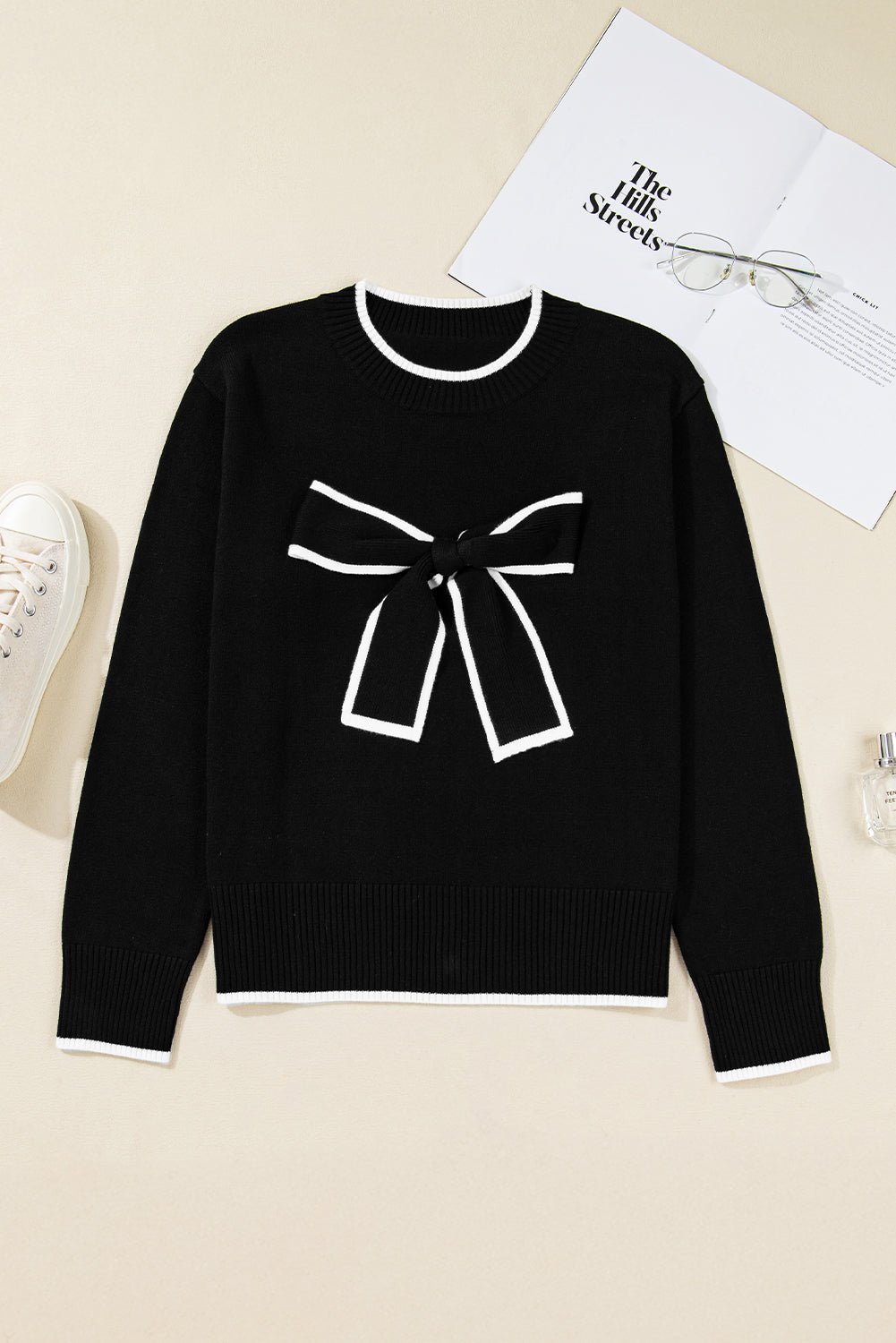 Black Contrast Trim Big Bow Accent Holiday Cropped Sweater Dear-Lover Dropshipping