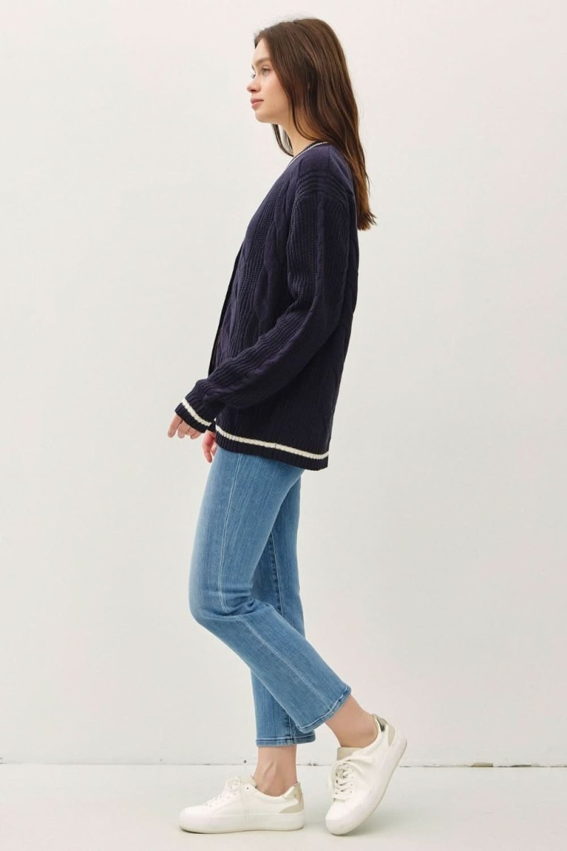 Be Cool Contrast Trim Cable-Knit V-Neck Cardigan - Love Salve