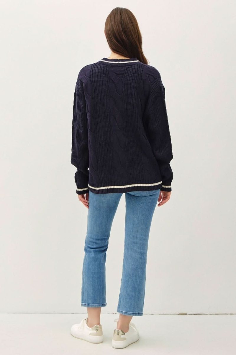 Be Cool Contrast Trim Cable-Knit V-Neck Cardigan - Love Salve