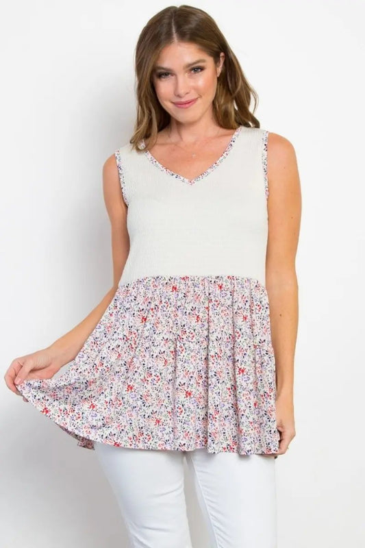 Be Stage Full Size Smocked Printed Peplum Sleeveless Top - Love Salve