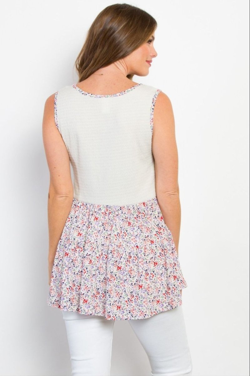 Be Stage Full Size Smocked Printed Peplum Sleeveless Top - Love Salve
