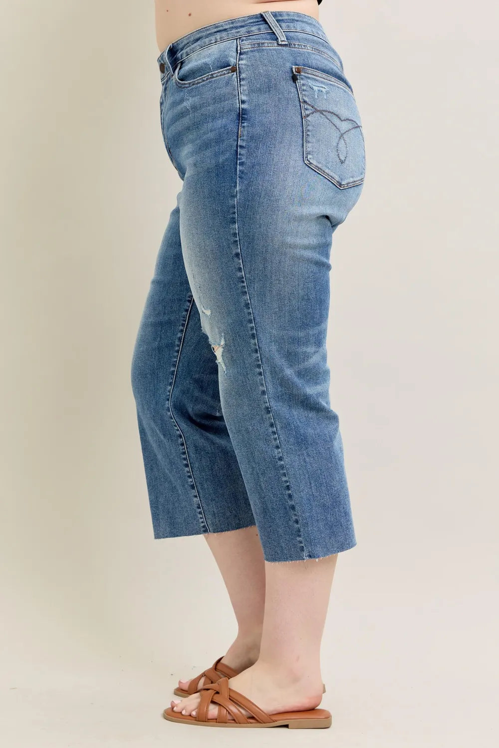 Judy Blue Plus Size High Waist Back Destroyed Raw Cut Hem Crop Wide Leg Jeans - Love Salve