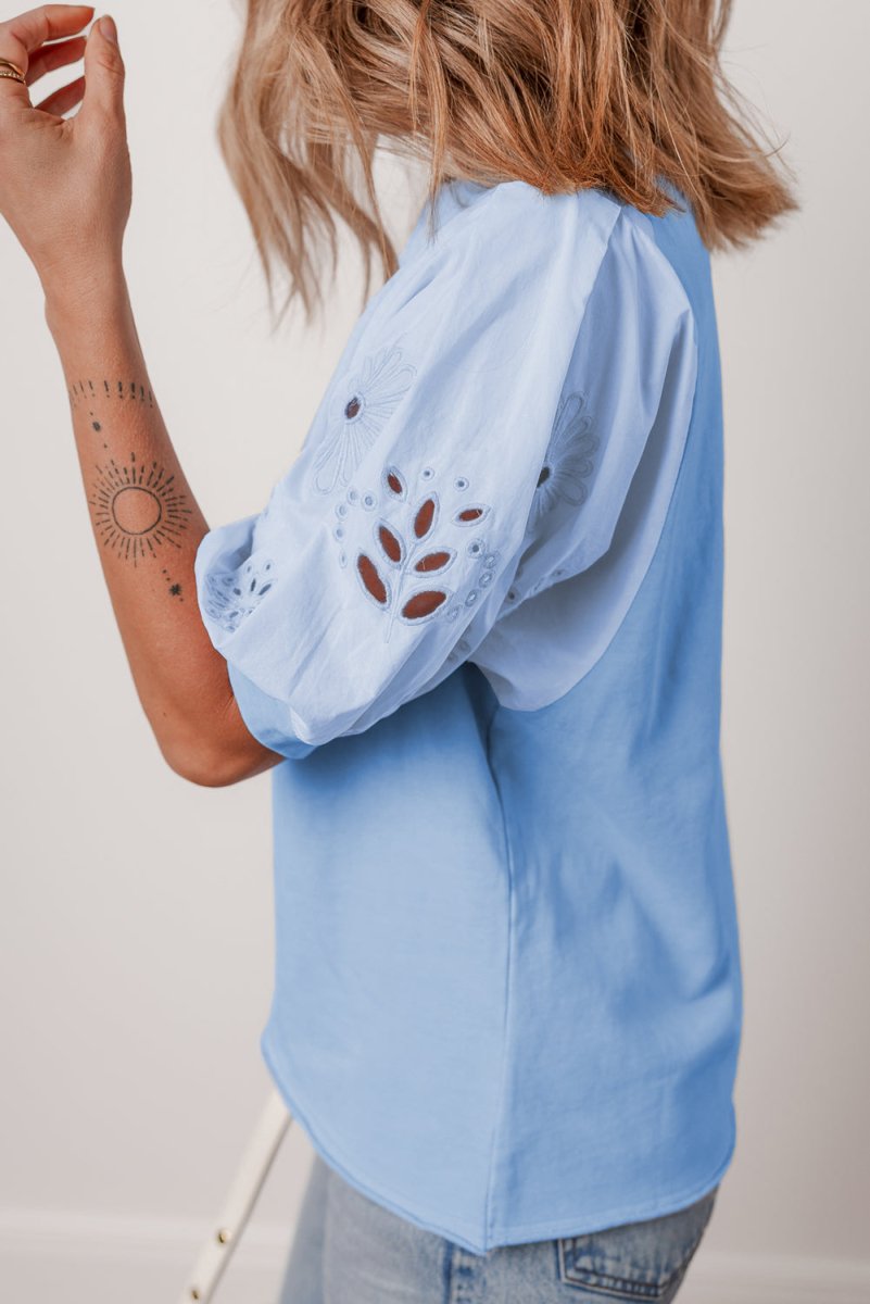 Beau Blue Eyelet Flower Embroidered Puff Short Sleeve Blouse - Love Salve