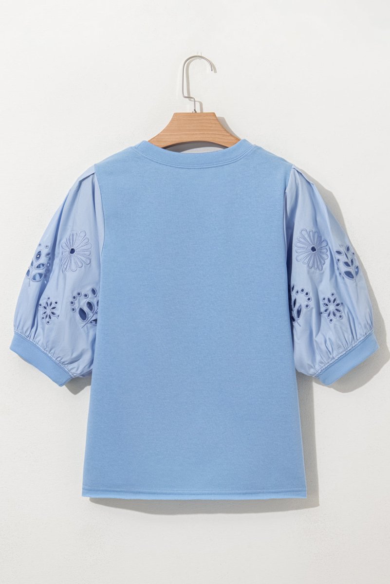 Beau Blue Eyelet Flower Embroidered Puff Short Sleeve Blouse - Love Salve
