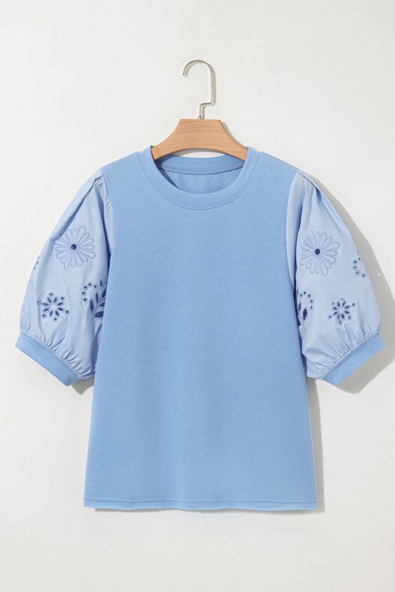Beau Blue Eyelet Flower Embroidered Puff Short Sleeve Blouse - Love Salve