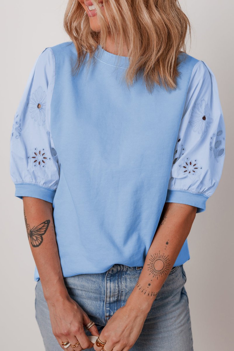 Beau Blue Eyelet Flower Embroidered Puff Short Sleeve Blouse - Love Salve