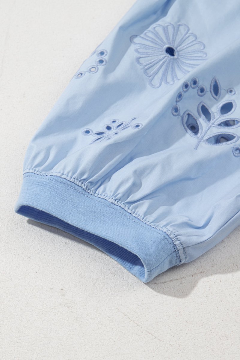 Beau Blue Eyelet Flower Embroidered Puff Short Sleeve Blouse - Love Salve