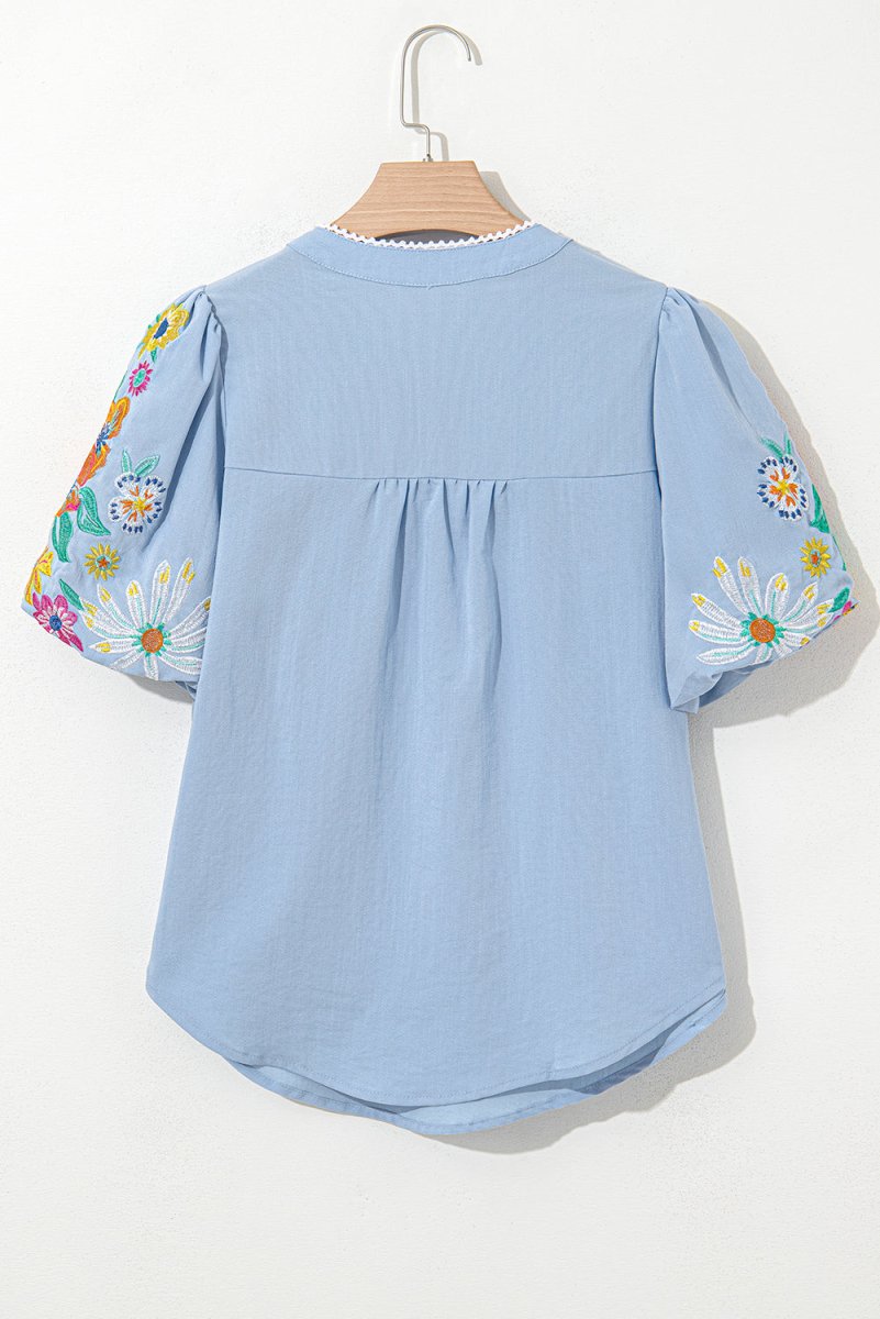 Beau Blue Floral Embroidered Puff Sleeve Split Neck Blouse - Love Salve