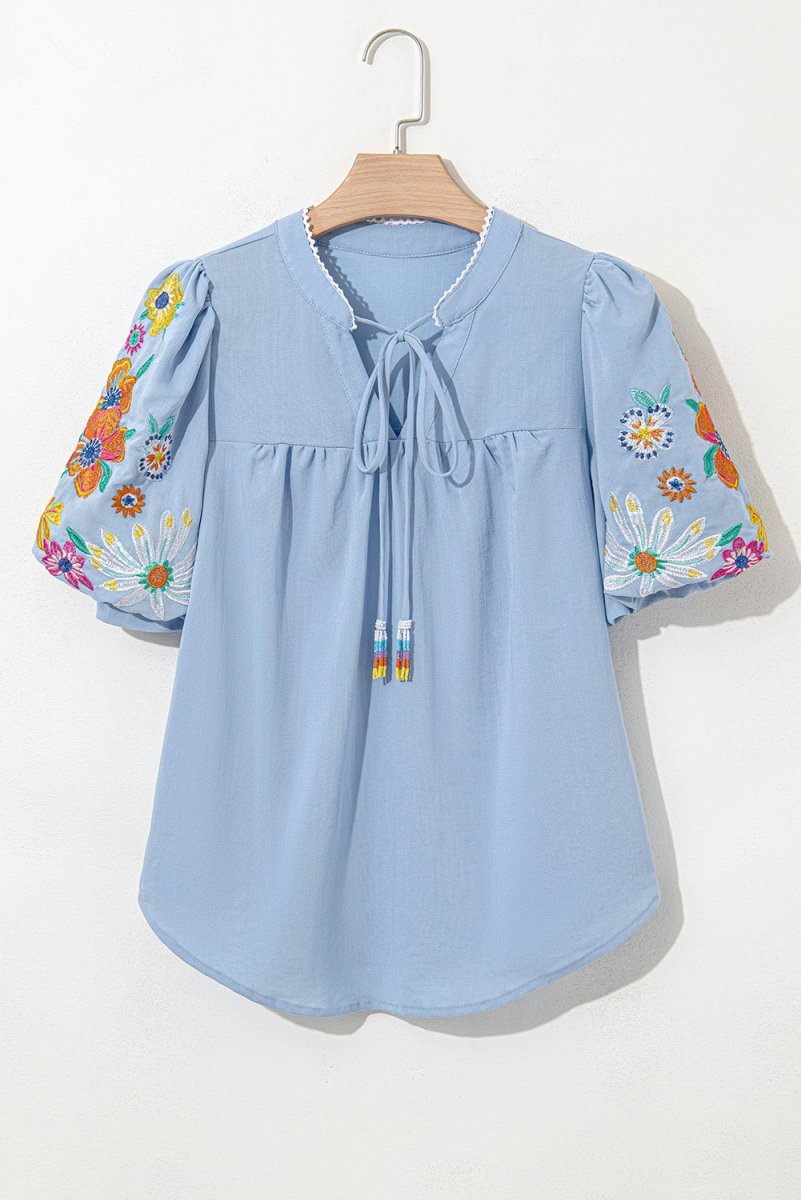 Beau Blue Floral Embroidered Puff Sleeve Split Neck Blouse - Love Salve