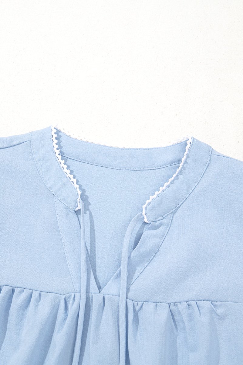 Beau Blue Floral Embroidered Puff Sleeve Split Neck Blouse - Love Salve