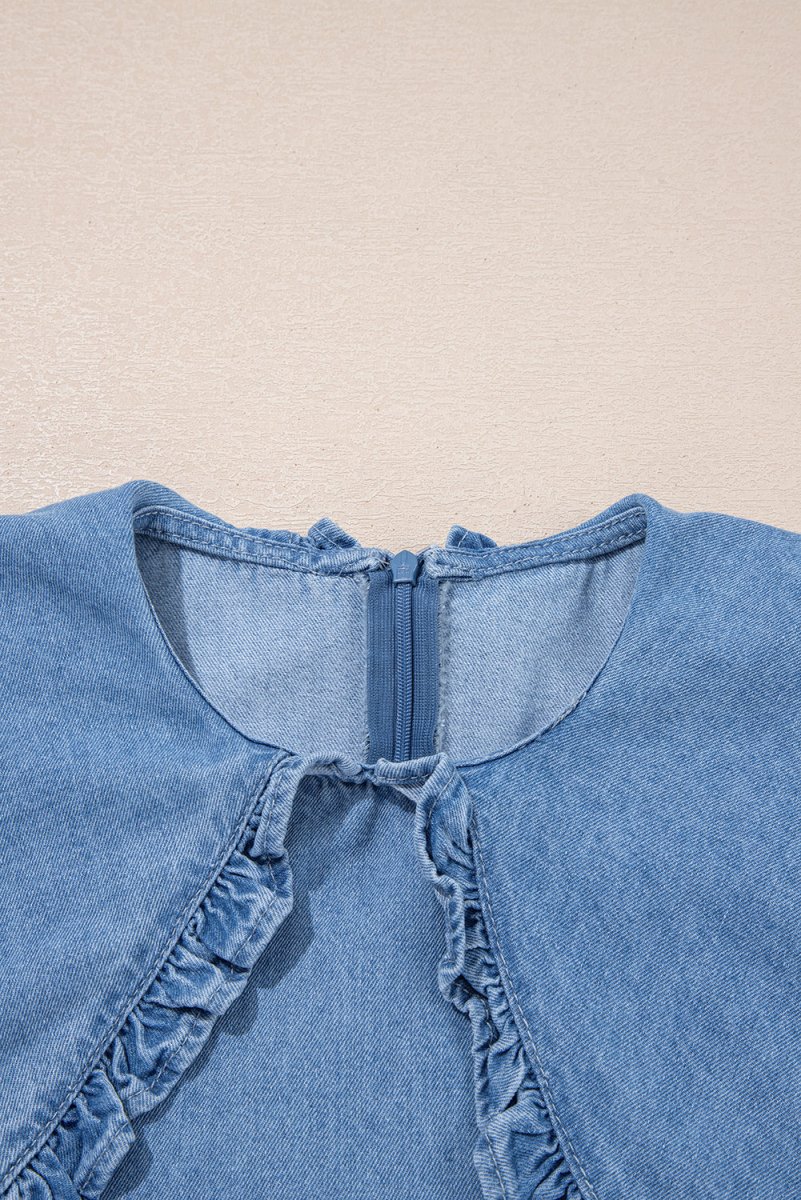 Beau Blue Frilled Peter Pan Collar Loose Denim Dress - Love Salve