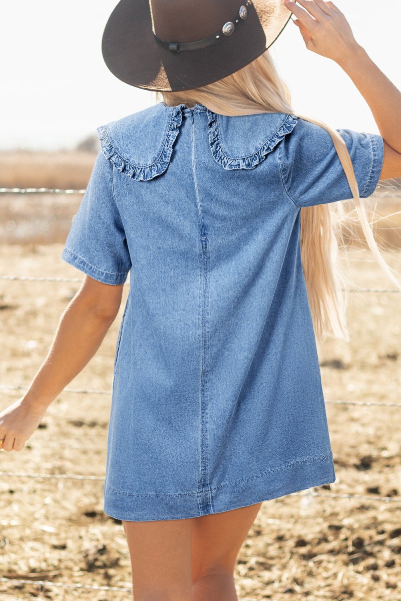 Beau Blue Frilled Peter Pan Collar Loose Denim Dress - Love Salve