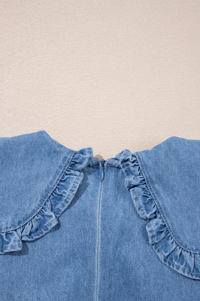 Beau Blue Frilled Peter Pan Collar Loose Denim Dress - Love Salve
