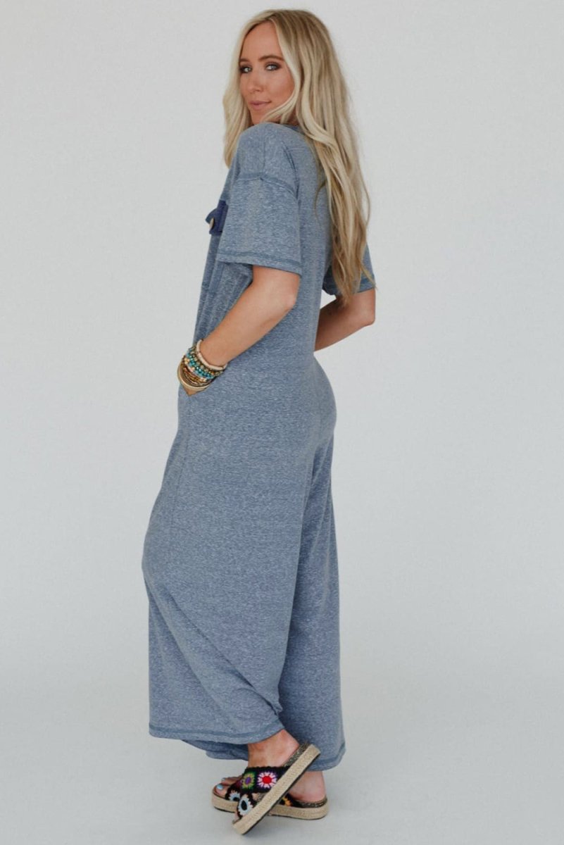 Beau Blue Half Placket Chest Pockets Short Sleeve Jumpsuit - Love Salve