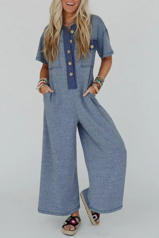 Beau Blue Half Placket Chest Pockets Short Sleeve Jumpsuit - Love Salve
