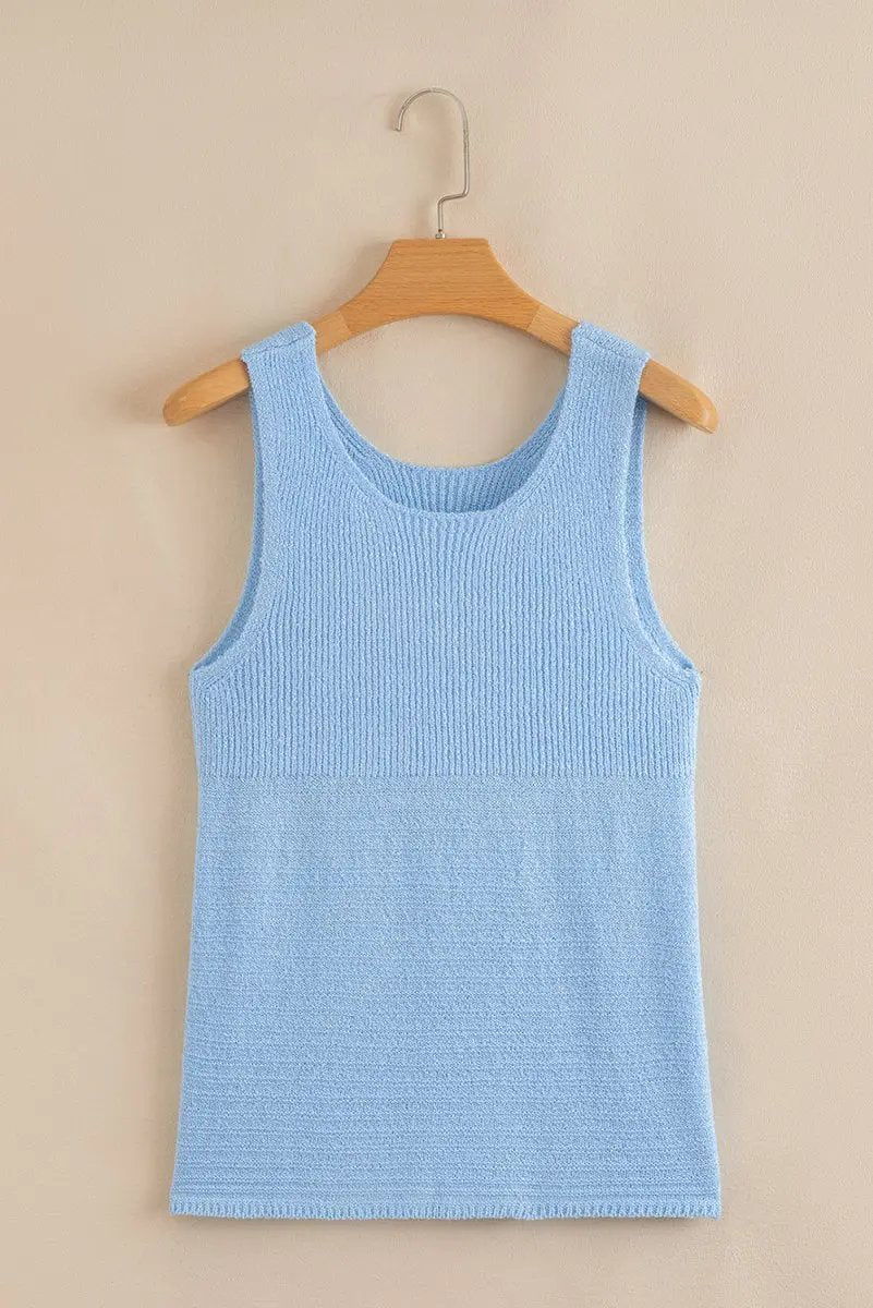 Beau Blue Horizontal Ribbing Patchwork Swing Sweater Tank Top - Love Salve