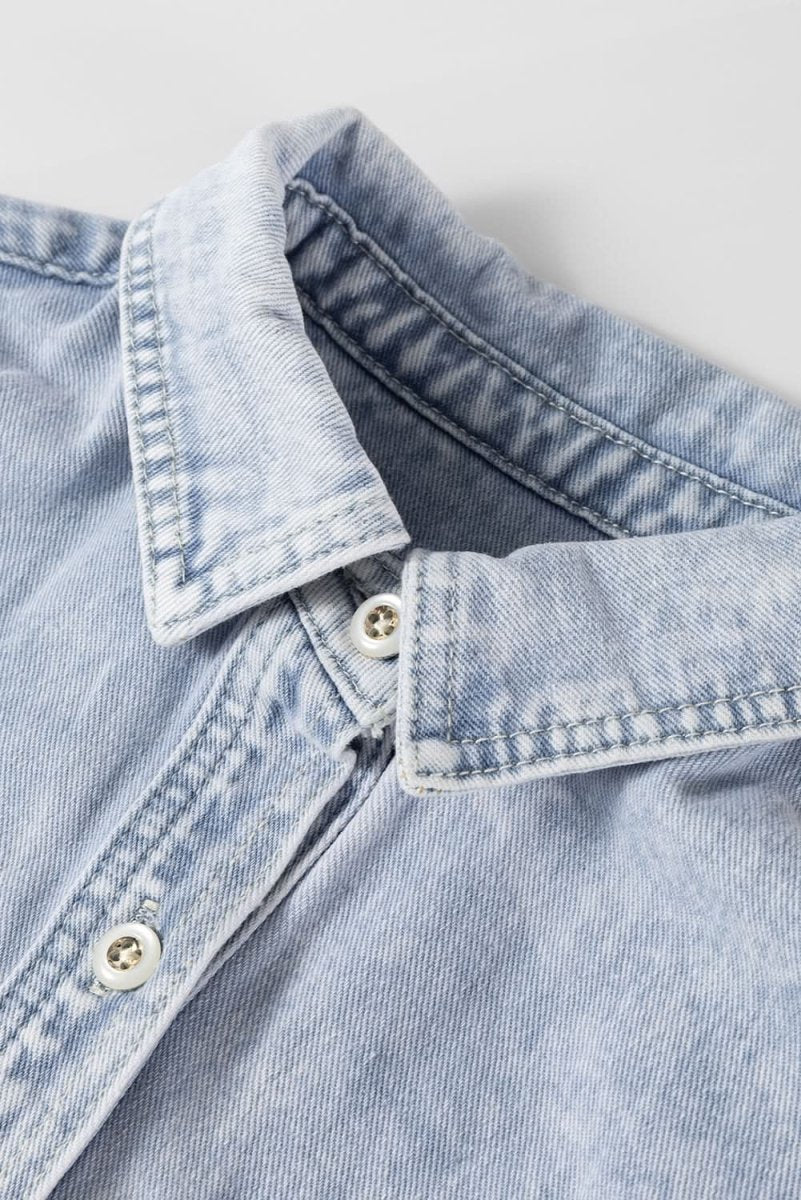 Beau Blue Long Sleeve Buttoned Chest Pocket Denim Shacket - Love Salve