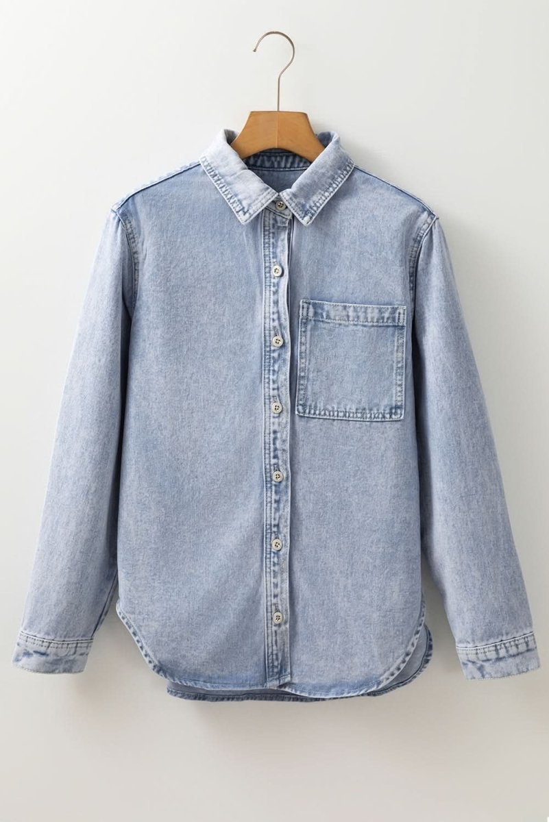 Beau Blue Long Sleeve Buttoned Chest Pocket Denim Shacket - Love Salve
