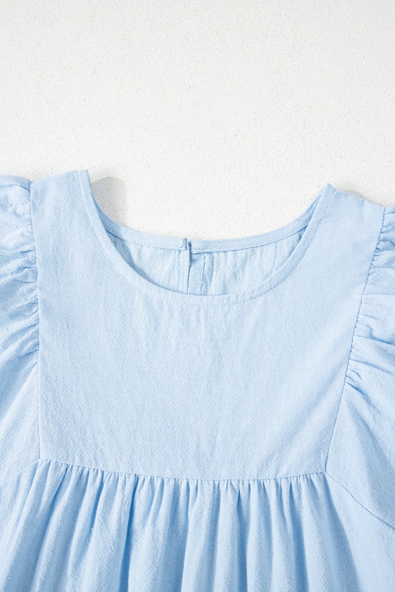 Beau Blue Solid Color Embroidered Scalloped Sleeves Crew Neck Blouse - Love Salve