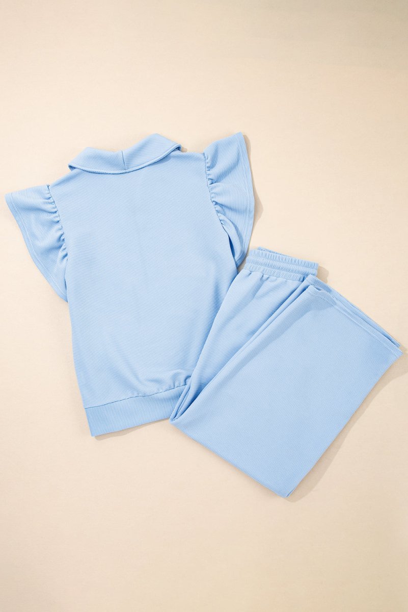 Beau Blue Textured Ruffled Sleeve Zipped Top And Wide Leg Pants Set - Love Salve