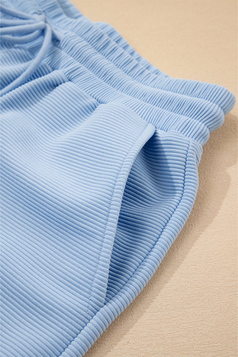 Beau Blue Textured Ruffled Sleeve Zipped Top And Wide Leg Pants Set - Love Salve