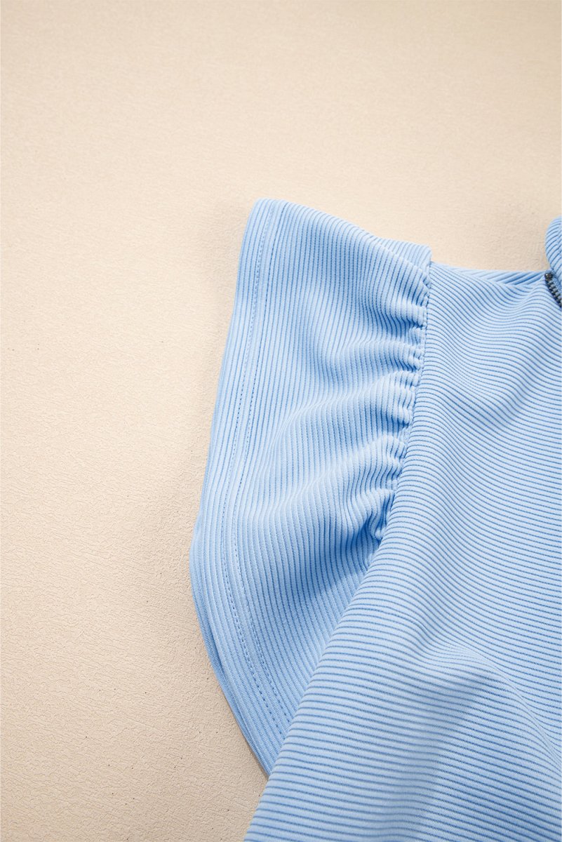 Beau Blue Textured Ruffled Sleeve Zipped Top And Wide Leg Pants Set - Love Salve