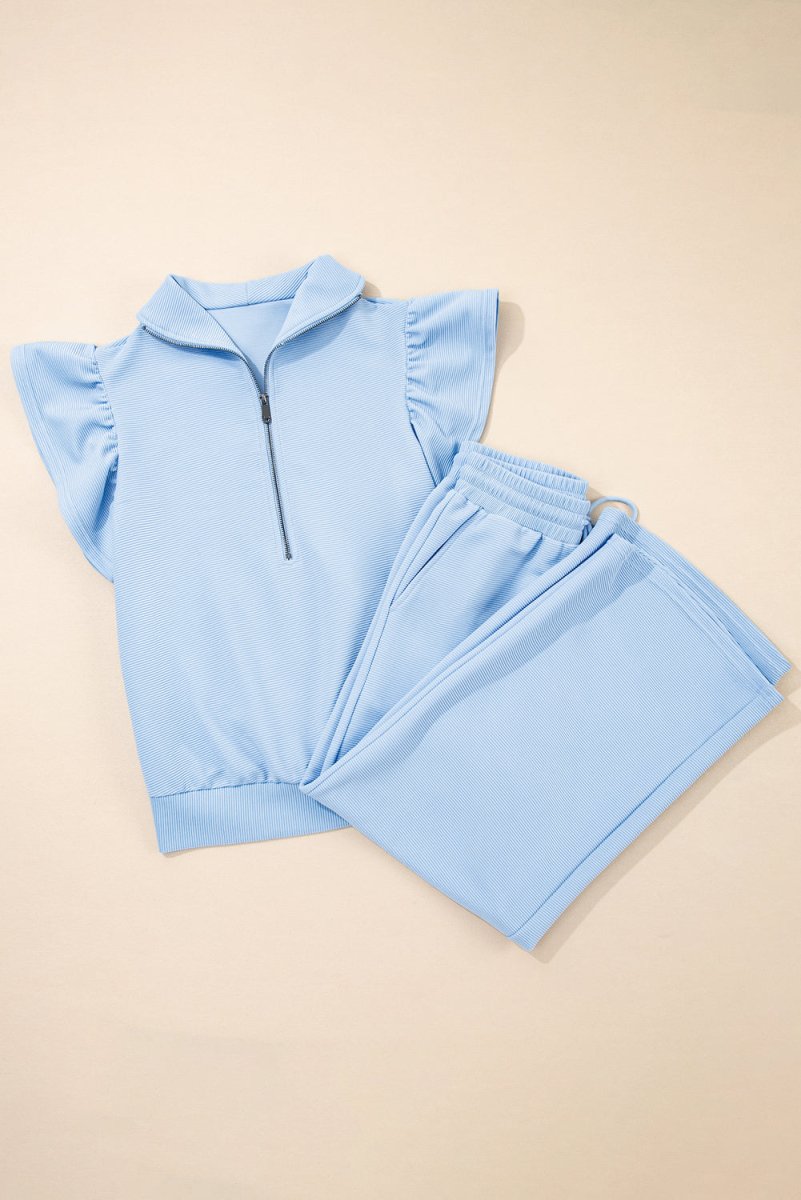 Beau Blue Textured Ruffled Sleeve Zipped Top And Wide Leg Pants Set - Love Salve