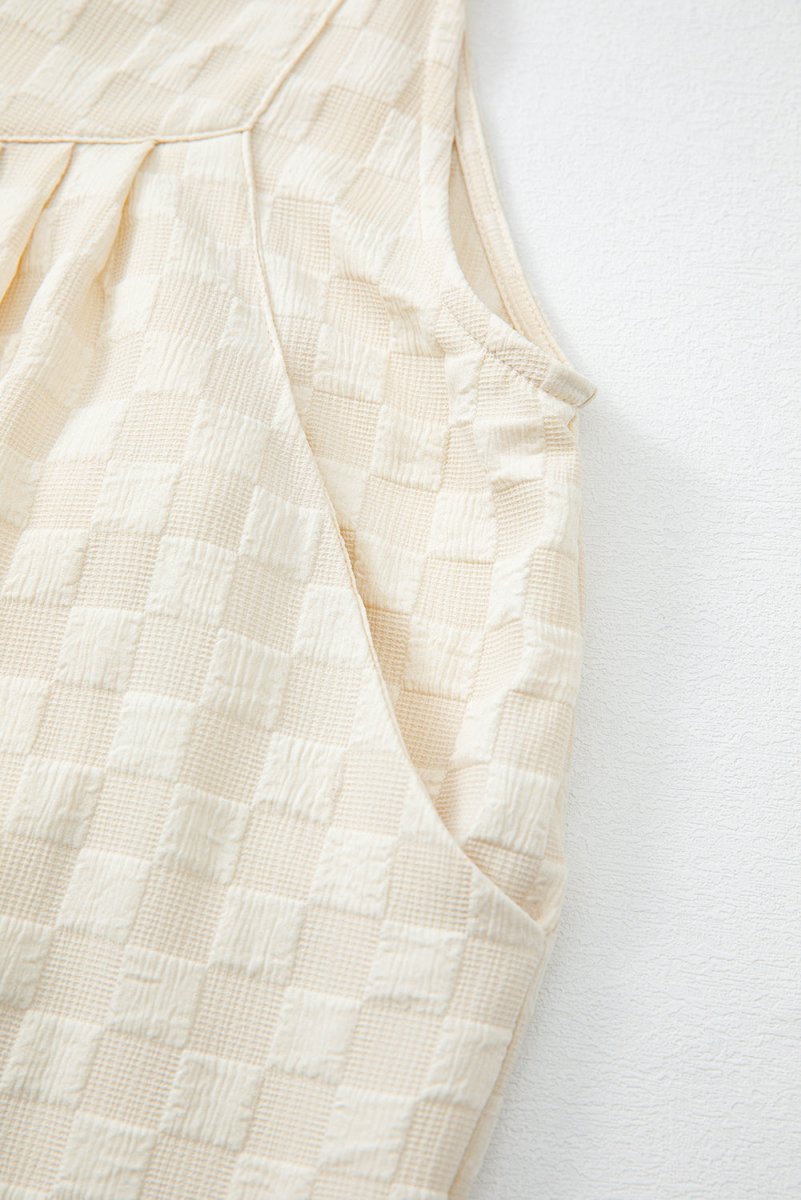 Beige Checkered Pocketed High Waist Wide Leg Overall Jumpsuit - Love Salve