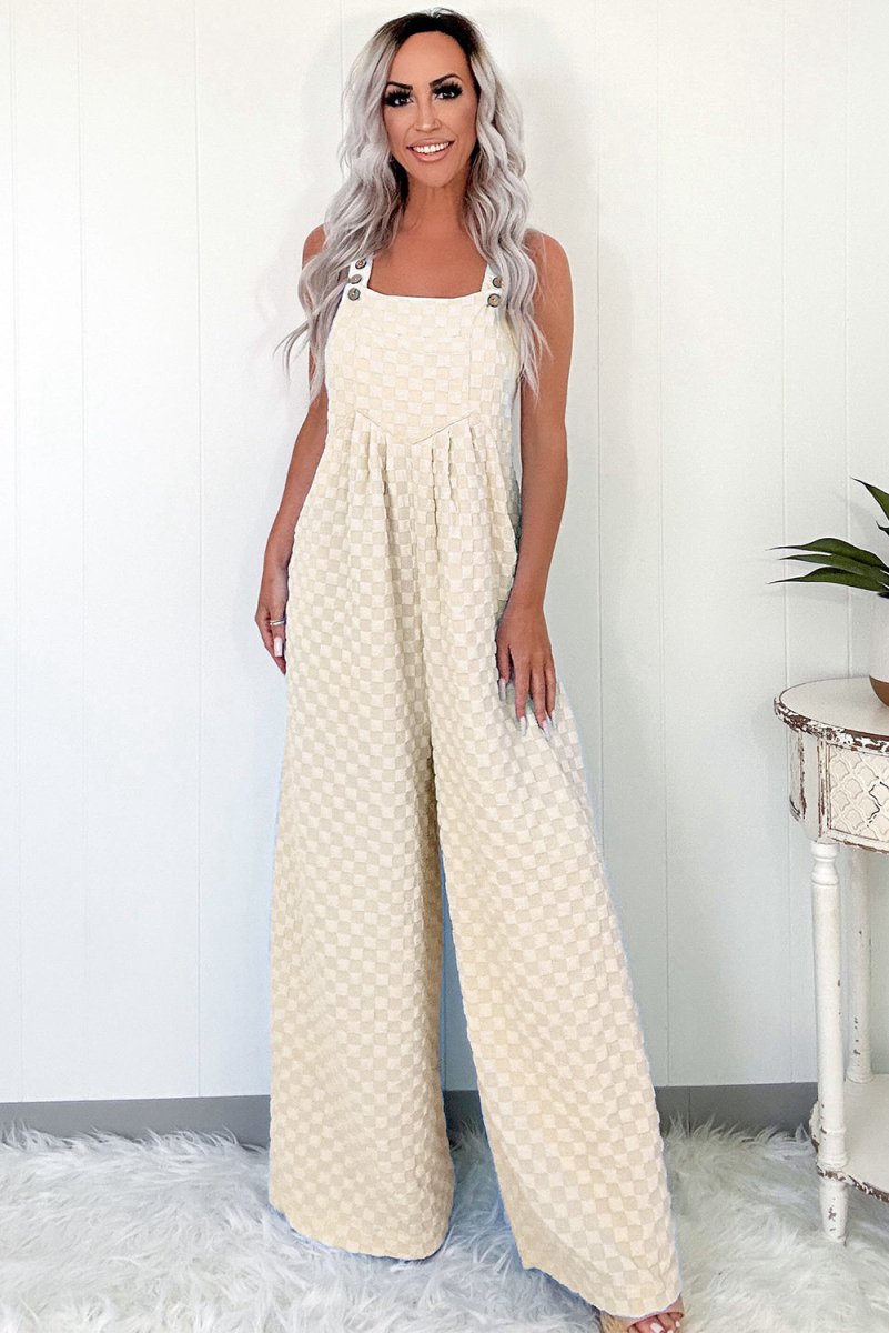Beige Checkered Pocketed High Waist Wide Leg Overall Jumpsuit - Love Salve