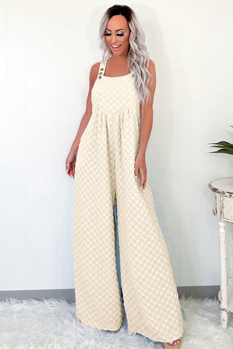Beige Checkered Pocketed High Waist Wide Leg Overall Jumpsuit - Love Salve